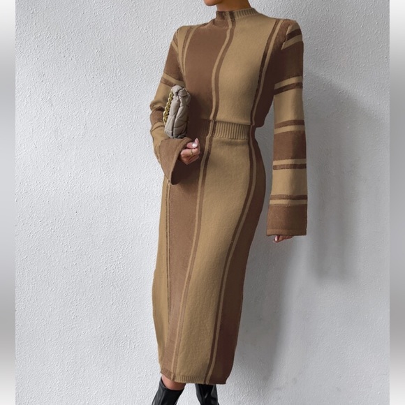 Cozy Striped Pattern Slit Hem Sweater Dress - Picture 7 of 7